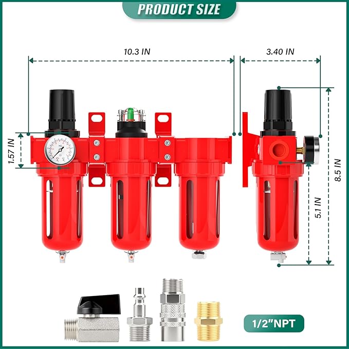 Industrial Grade Three-Stage Air Drying System, 0-150 PSI, 1/2 Inch NPT, Aluminum Alloy, with Particulate Filter, Coalescing Filter, Desiccant Dryer, and Air Regulator (Manual Drainage)