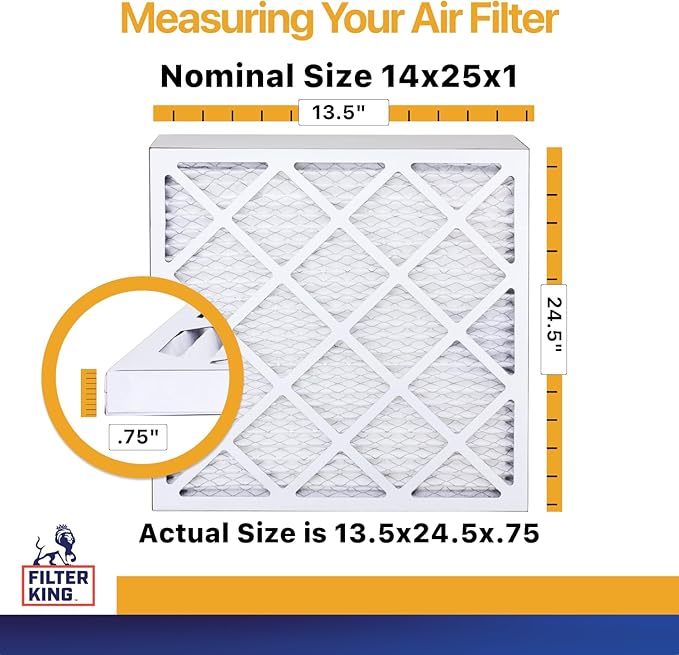 Filter King 14x25x1 Air Filter | 6-PACK | MERV 13 | HVAC Pleated AC Furnace Filters | MADE IN USA | Actual Size: 13.5 x 24.5 x .75"