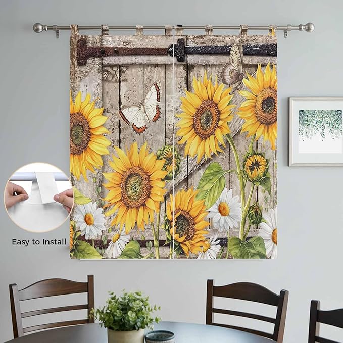 Farmhouse Sunflowers Living Room Curtains 84 Inch Length, Window Curtains Tab Top, Rustic Barn Doors Flowers Butterfly Wooden Light Filtering Window Treatments Drapes 42"x84" 2 Panel