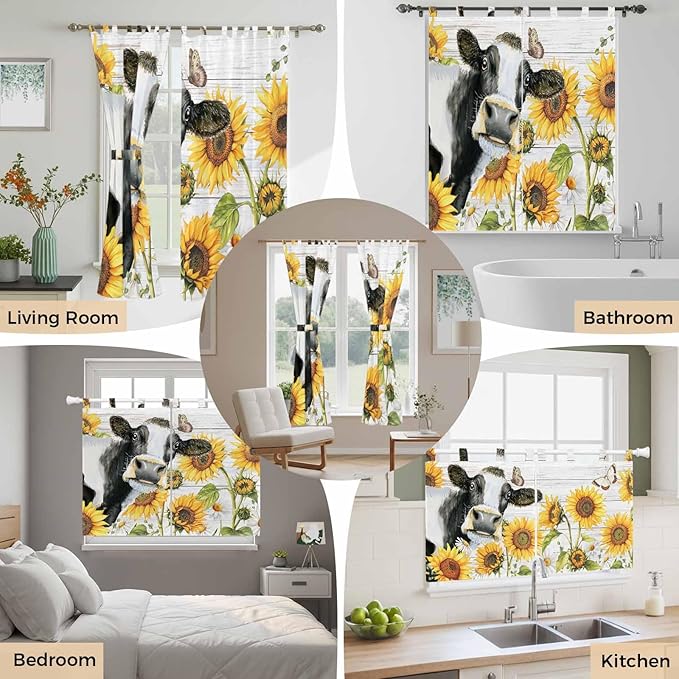 Retro Farmhouse Floral Kitchen Curtains 45 Inch Length, Short Cafe Window Curtains Tab Top, Yellow Sunflowers Cows Butterfly Wood Light Filtering Window Treatments Tier Drapes 27.5"x45" 2 Panel