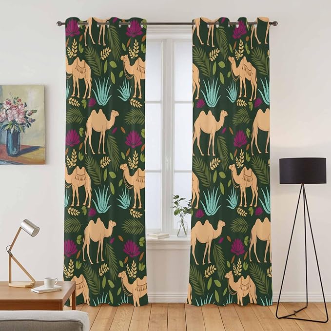 2 Panel Kitchen Cafe Curtains, Retro Desert Camel Sunlight Filtering Nature Air Through, Window Decor Tier Curtains for Living Room 104W x 90L inch Tropical Animal Aloe Vera Leaves Dark Green