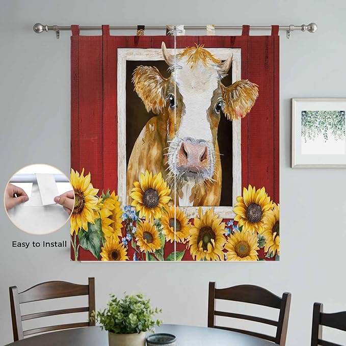 Cows Sunflowers Bedroom Curtains 72 Inch Length, Window Curtains Tab Top, Spring Floral Bees Farmhouse Barn Light Filtering Window Treatments Drapes 52"x72" 2 Panel