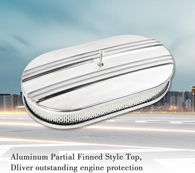 15" Polished Aluminum Air Cleaner Assembly Kit Alloy Oval Partial Half Finned with Element