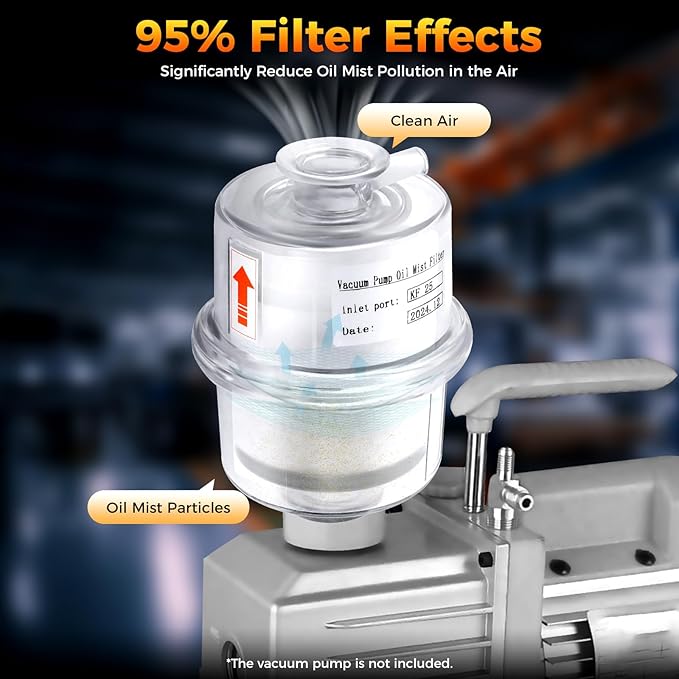 KF25 Oil Mist Filter for Vacuum Pump, 95% Filtration Efficiency PC Fume Separator with Drain Pipe, Compact Exhaust Filter for Lab Industrial