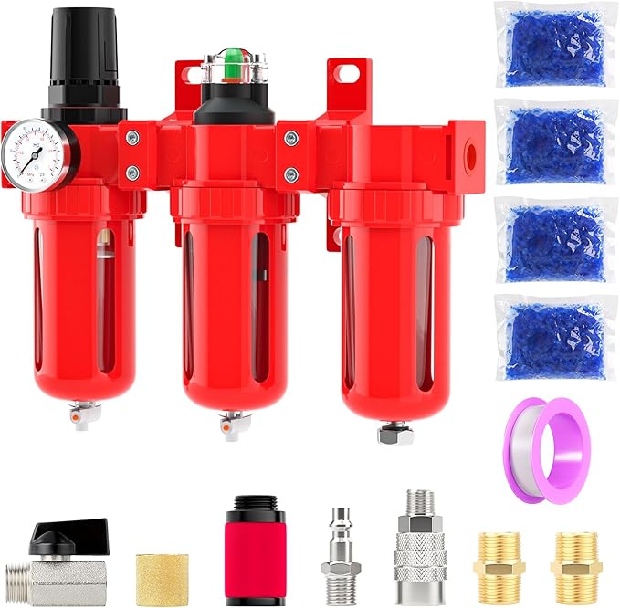 Industrial Grade Three-Stage Air Drying System, 0-150 PSI, 3/8 Inch NPT, Aluminum Alloy, with Particulate Filter, Coalescing Filter, Desiccant Dryer, and Air Regulator (Manual Drainage)