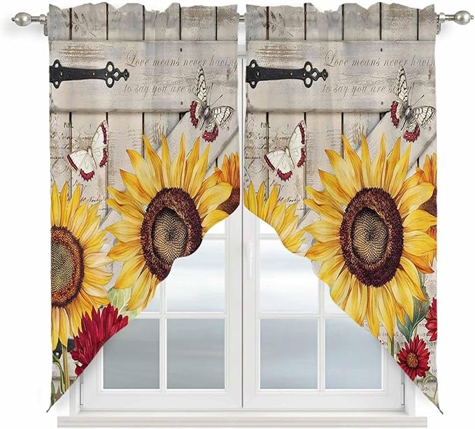 Red Yellow Sunflowers Swag Valances for Windows, Retro Rustic Barn Doors Butterfly Brown Rod Pocket Kitchen Curtains Valance, Kitchen Window Curtains Swag for Cafe Living Room, 2 Panels, 36x63 inch