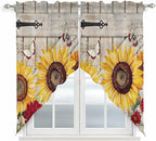 Red Yellow Sunflowers Swag Valances for Windows, Retro Rustic Barn Doors Butterfly Brown Rod Pocket Kitchen Curtains Valance, Small Window Curtains Swag for Cafe Living Room, 2 Panels, 36x36 inch