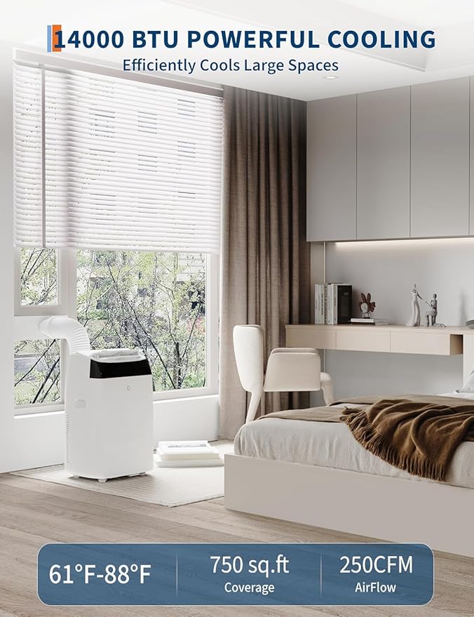 14000 BTU Portable Air Conditioners, 3-IN-1 Free Standing Cooling AC Unit with Fan & Dehumidifier, Quiet Air Condicionado Cooling Up to 750 Sq.Ft, with Remote Control & 24H Timer Function