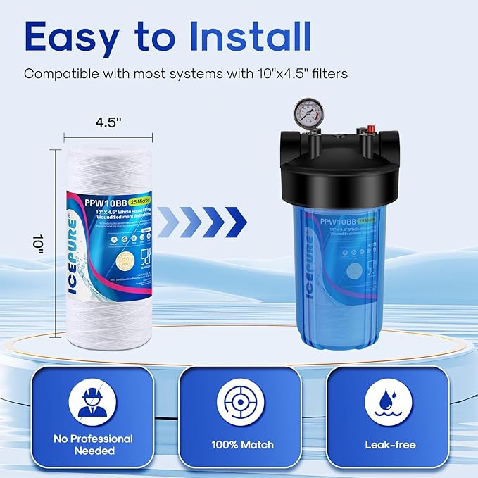 ICEPURE 25 Micron 10”x4.5'' Whole House Sediment String Wound Water Filter Replacement filter for 84637, WPX5BB97P, PC10, 355214-45, 355215-45, WP10BB97P, WP5BB97P, 3PACK