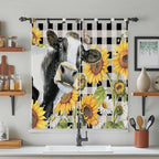 Retro Sunflowers Living Room Curtains 84 Inch Length, Window Curtains Tab Top, Farmhouse Floral Cow Butterfly Black Plaid Light Filtering Window Treatments Drapes 42"x84" 2 Panel