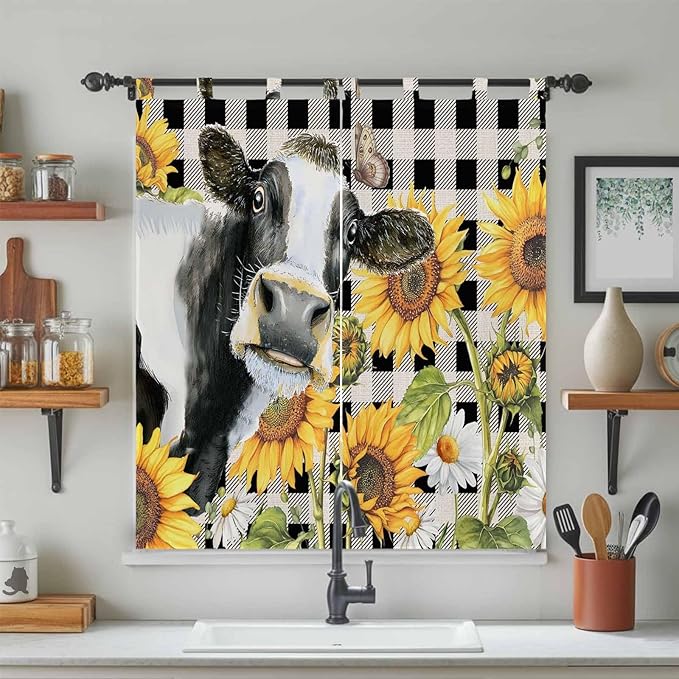 Retro Sunflowers Living Room Curtains 84 Inch Length, Window Curtains Tab Top, Farmhouse Floral Cow Butterfly Black Plaid Light Filtering Window Treatments Drapes 42"x84" 2 Panel