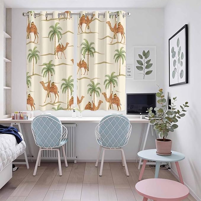 2 Panel Kitchen Cafe Curtains, Date Coconut Tree Sunlight Filtering Nature Air Through, Home Decor Window Covering Tier Curtains for Living Room 104W x 63L inch Desert Camels Botanical Tropical Beige