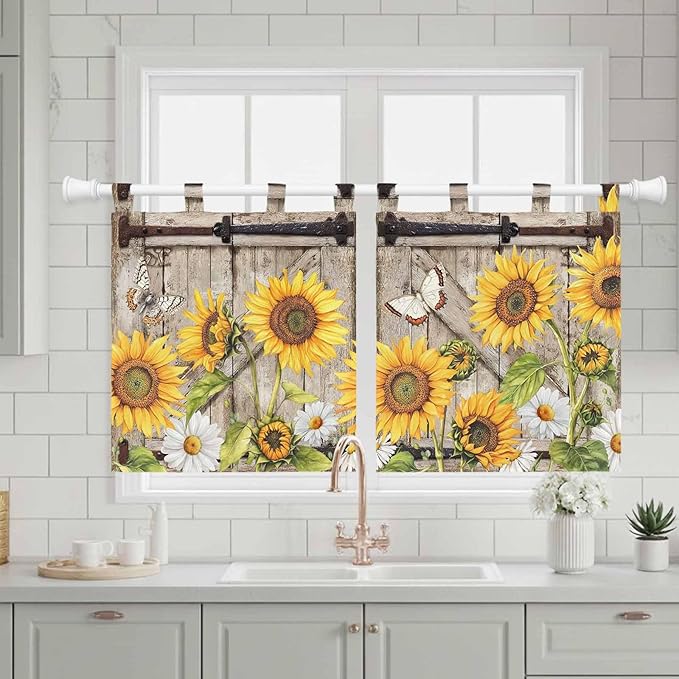 Farmhouse Sunflowers Kitchen Curtains 36 Inch Length, Small Window Curtains Tab Top, Rustic Barn Doors Flowers Butterfly Wooden Light Filtering Short Window Treatments Tier Drapes 27.5"x36" 2 Panel