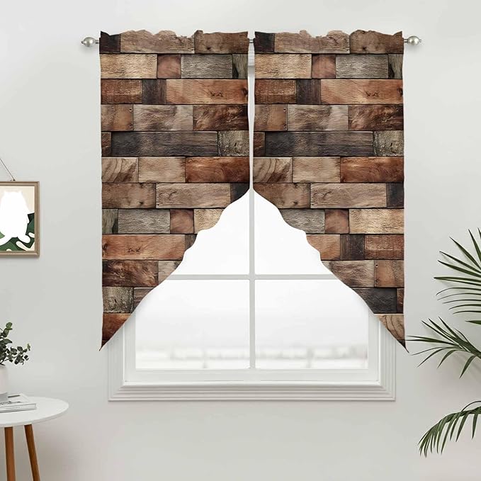 Western Barn Door Swag Valances for Windows, Vintage Farmhouses Wooden Door Brown Rod Pocket Kitchen Curtains Valance, Small Window Curtains Swag for Cafe Bathroom Living Room, 2 Panels, 36x36 inch
