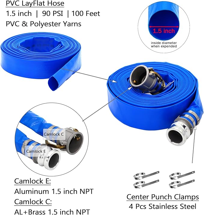DAVCO 1-1/2" ID × 100 ft PVC Lay Flat Discharge Hose, Heavy Duty Reinforced Blue Pool Backwash Hoses For Swimming Drain Pools, with Aluminum Camlock C and E Fittings, Cam Lock Fitting Type A included