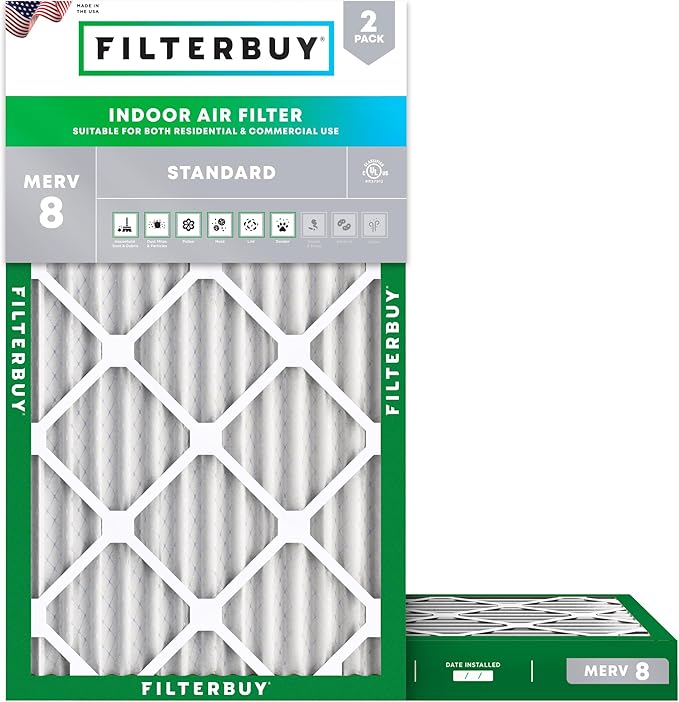 Filterbuy 13x21.5x2 Air Filter MERV 8 Essential Dust & Allergy Defense (2-Pack), Electrostatic Pleated HVAC AC Furnace Filters Replacement, Made in USA (Actual Size: 13.00 x 21.50 x 1.75)