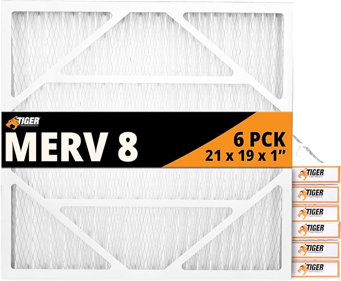 Tiger Tough 21x19x1 Air Filter MERV 8 MPR 600-800, High-Performance Pleated HVAC AC Furnace Filter Replacement for Home, 6-Pack