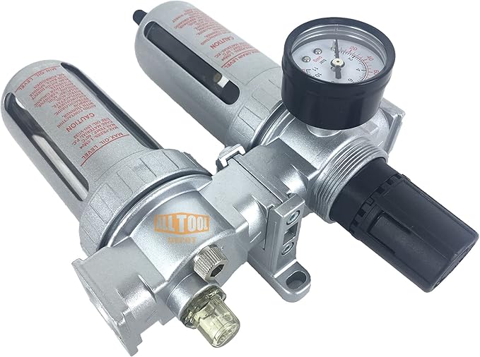 1/4" NPT Mid Flow Compressed Air In Line Filter Regulator Lubricator Oiler Combo Piggyback, Poly Bowl And Metal Body, 5 Micron Element, Adjustable From 7 to 145 PSI (AUTO DRAIN)
