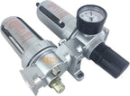 1/2" NPT Mid Flow Compressed Air In Line Filter Regulator Lubricator Oiler Combo Piggyback, Poly Bowl And Metal Body, 5 Micron Element, Adjustable From 7 to 145 PSI (AUTO DRAIN)
