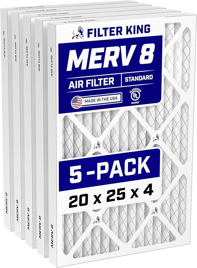 Filter King 20x25x4 Air Filter | 5-PACK | MERV 8 HVAC Pleated A/C Furnace Filters | MADE IN USA | Actual Size: 19.5 x 24.5 x 3.75"