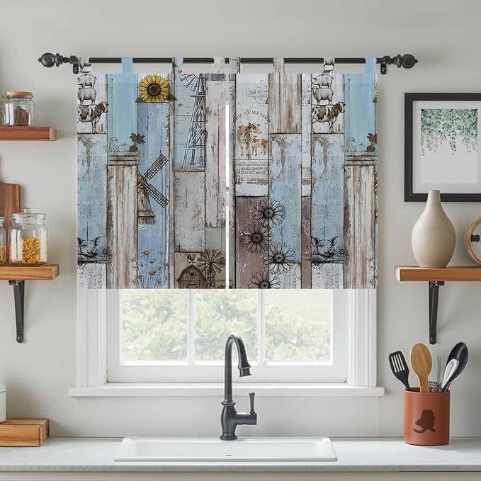 Blue Grey Wooden Kitchen Curtains 45 Inch Length, Short Cafe Window Curtains Tab Top, Farmhouse Barn Sunflowers Retro Light Filtering Window Treatments Tier Drapes 27.5"x45" 2 Panel