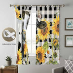 Retro Sunflowers Living Room Curtains 96 Inch Length, Window Curtains Tab Top, Farmhouse Floral Cow Butterfly Black Plaid Light Filtering Window Treatments Drapes 52"x96" 2 Panel