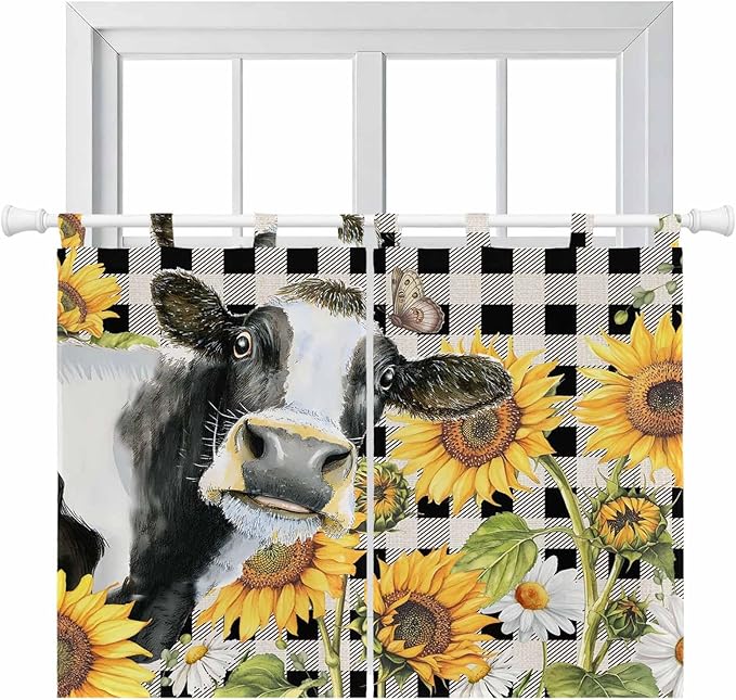 Retro Sunflowers Bedroom Curtains 63 Inch Length, Window Curtains Tab Top, Farmhouse Floral Cow Butterfly Black Plaid Light Filtering Window Treatments Drapes 42"x63" 2 Panel
