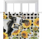 Retro Sunflowers Kitchen Curtains 45 Inch Length, Short Cafe Window Curtains Tab Top, Farmhouse Floral Cow Butterfly Black Plaid Light Filtering Window Treatments Tier Drapes 27.5"x45" 2 Panel