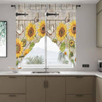 Farm Flowers Swag Valances for Windows, Retro Sunflowers Barn Doors Butterfly Wood Board Rod Pocket Kitchen Curtains Valance, Small Window Curtains Swag for Cafe Living Room, 2 Panels, 28x36 inch