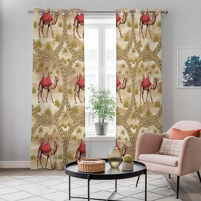 2 Panel Kitchen Cafe Curtains, Desert Camels Sunlight Filtering Nature Air Through, Home Decor Window Covering Tier Curtains for Living Room 80W x 84L inch Tropical Palm Trees Sand Cords Brown
