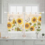 Yellow Sunflowers Kitchen Curtains 24 Inch Length, Small Window Curtains Tab Top, Country Farm Butterfly Flower Light Beige Light Filtering Short Window Treatments Tier Drapes 27.5"x24" 2 Panel
