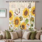Yellow Sunflowers Living Room Curtains 96 Inch Length, Window Curtains Tab Top, Country Farm Butterfly Flower Light Beige Light Filtering Window Treatments Drapes 52"x96" 2 Panel
