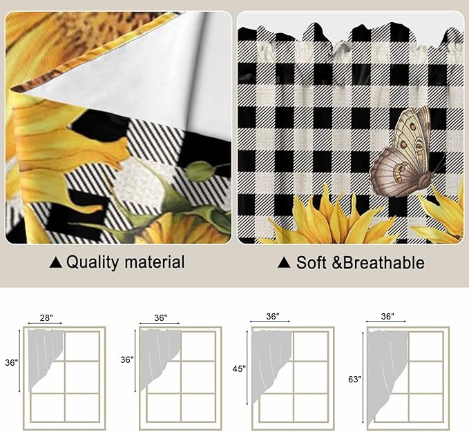 Sunflowers Swag Valances for Windows, Yellow Flowers Butterfly Farmhouse Black Plaid Rod Pocket Kitchen Curtains Valance, Kitchen Window Curtains Swag for Cafe Living Room, 2 Panels, 36x45 inch