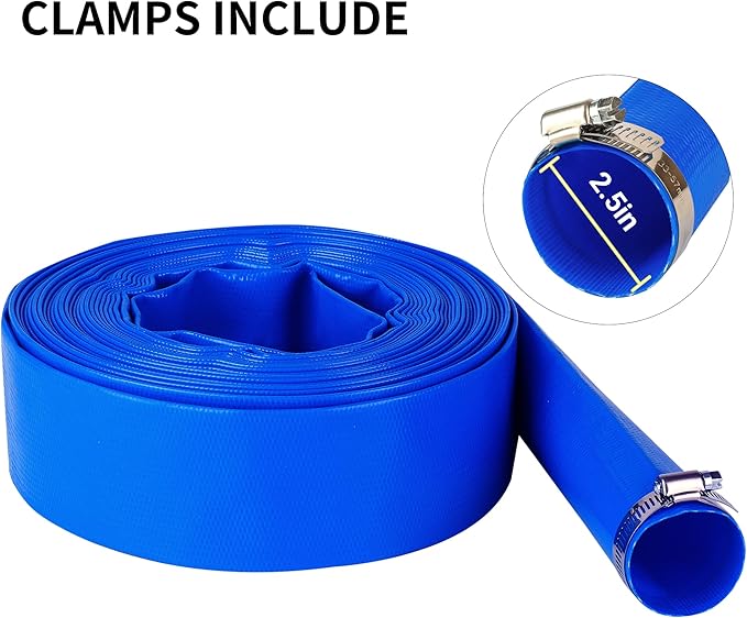 2.5" x 100 FT Pool Backwash Hose, Blue Heavy Duty Reinforced PVC Lay Flat Water Discharge Hose for Swimming Pool Filter Pump,with 2 Clamp