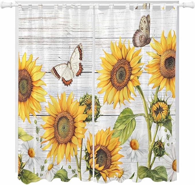 Yellow Sunflowers Living Room Curtains 96 Inch Length, Window Curtains Tab Top, Vintage Country Flowers Butterfly Wood Board Light Filtering Window Treatments Drapes 52"x96" 2 Panel