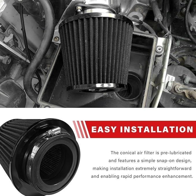 Sun Walker Clamp-on Air Intake Filter, 3/3.5/4 Inch High Flow Round Tapered Air Filter for Enhanced Engine Power, Washable & Reusable Cone Filters Replacement for Car Truck Motorcycle (Black)