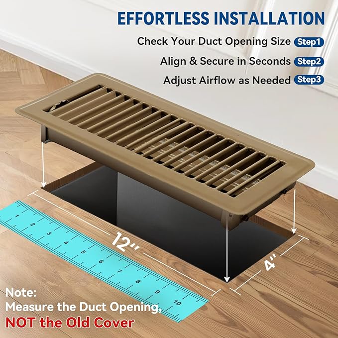 4" x 12" Floor Register Vent Covers 2-Pack, Walkable Powder-Coated Metal Vent Covers with Adjustable Airflow, Curved Safe Edges for Floor/Wall, Brown
