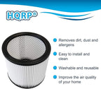 HQRP 2-Pack Standard Cartridge Filter Replacement for Shop-Vac 90304 90350 90333 Washable H12 0.3 Micron Pleated for Wet Dry Vacuum, 5 Gallon+
