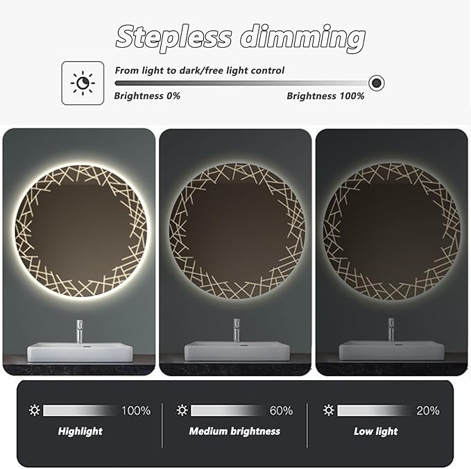 Bathroom Mirror with LED Lights, Wall Mirror with Touch Sensor, Round Mirror with Demister Pad, 3 Light Modes, for Living Room and Bathroom(A,60cm/23.6in)