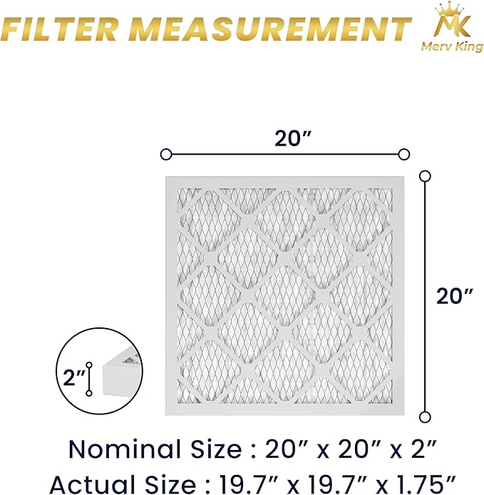 MervKing 20x20x2 Air Filter Actual Size: 19.7" x 19.7" x 1.75" MERV 8 MPR 600-700 | MADE IN USA | 12-Pack | Pleated HVAC AC Furnace Replacement