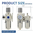 3/8" NPT Compressed Air Filter Regulator Lubricator Combination,Water/Oil Trap Separator (0-150 PSI), Oil Water Separator,Semi-Automatic Drain, Suitable for Pneumatic Systems