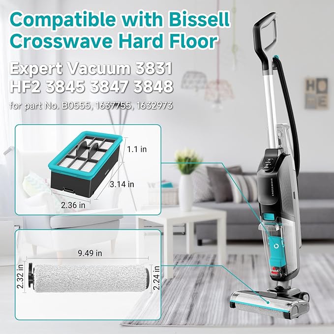FFsign 3831 Roller Brush & Filter Replacement Compatible with Bissell Crosswave Hard Floor Expert 3831, HF2 3845N Vacuum, Floor Scrubber Wet Dry Vacuum Accessory Kit 2 Brush Rolls, 4 Filter Parts