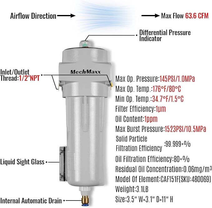 63 CFM Compressed Air Oil-Water Separator Precision Filter,0.01μm,Oil Content 0.01ppm, With Auto Drain, Pressure Indicator,Recommended for use with M15AC230,Model CAF151