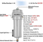 63 CFM Compressed Air Oil-Water Separator Precision Filter,0.01μm,Oil Content 0.01ppm, With Auto Drain, Pressure Indicator,Recommended for use with M15AC230,Model CAF151