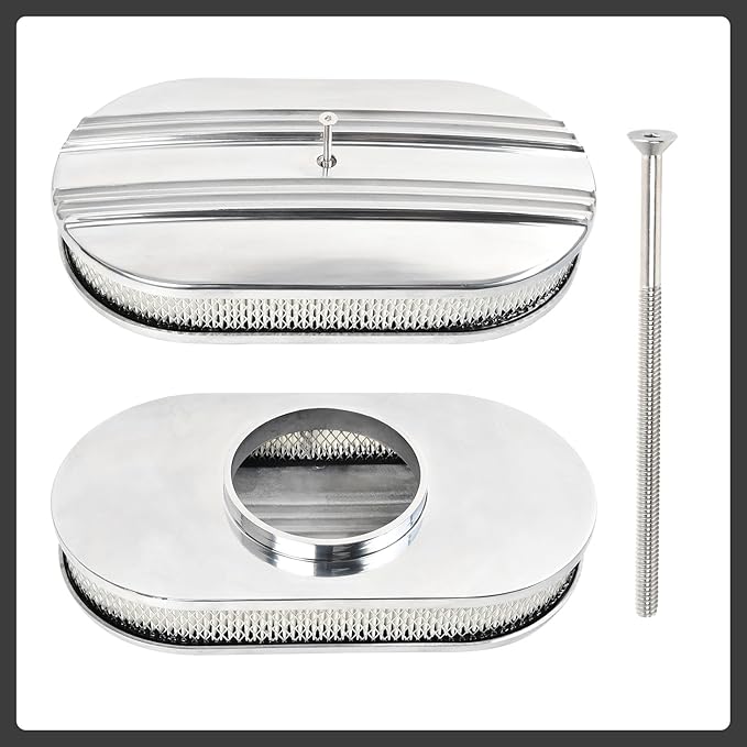 15" Polished Aluminum Air Cleaner Assembly Kit Alloy Oval Partial Half Finned with Element