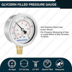 MEASUREMAN 2-1/2" dial,Glycerin Filled, Stainless Steel case, Brass Inside, 30inHg/-100kpa-0-30psi/200kpa,1/4" NPT Lower Mount