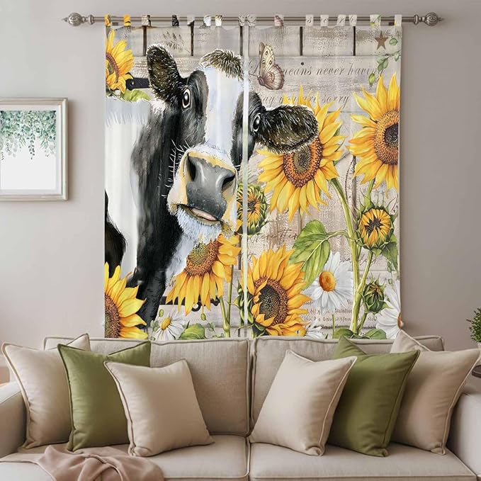Yellow Sunflowers Living Room Curtains 84 Inch Length, Window Curtains Tab Top, Farmhouse Cow Barn Doors Floral Butterfly Light Filtering Window Treatments Drapes 52"x84" 2 Panel