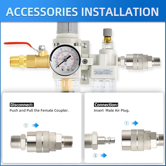 MEANLIN Air Compressor Moisture Filter, AC2010 Air Line Filter, 1/4" NPT Inlet with 150 PSI Gauge and Valve Shut Off Switch for Air Tools and Spray Paint Gun
