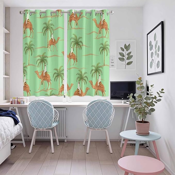 2 Panel Kitchen Cafe Curtains, Desert Camels Sunlight Filtering Nature Air Through, Home Decor Window Covering Tier Curtains for Living Room 104W x 72L inch Tropical Date Palm Trees Animal Green