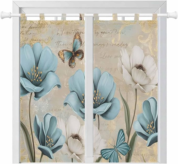 Spring Flowers Bedroom Curtains 72 Inch Length, Window Curtains Tab Top, Vintage Rustic Tulips Floral Butterfly Khaki Light Filtering Window Treatments Drapes 52"x72" 2 Panel